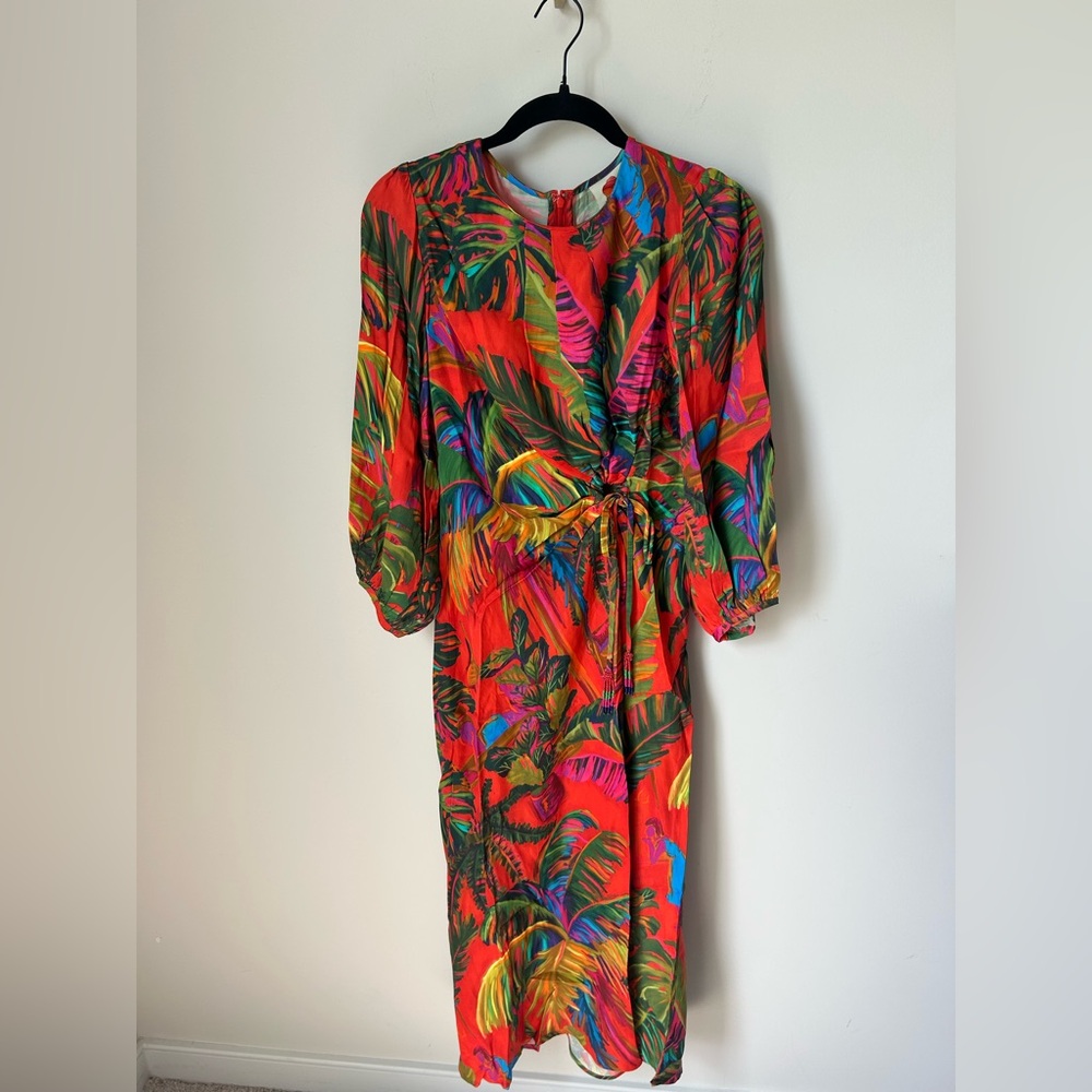 Farm Rio Monstera cut out quarter sleeve Midi Dress